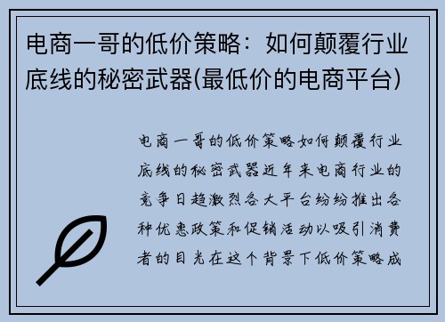 电商一哥的低价策略：如何颠覆行业底线的秘密武器(最低价的电商平台)