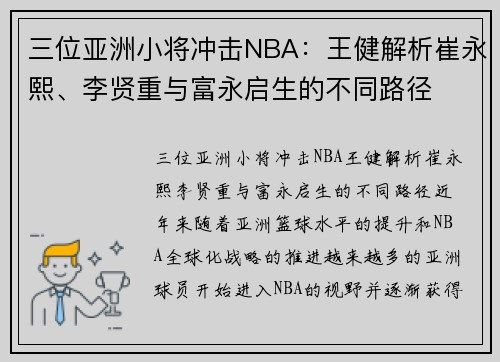 三位亚洲小将冲击NBA：王健解析崔永熙、李贤重与富永启生的不同路径